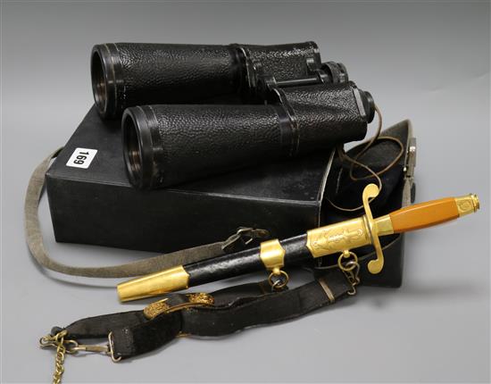 A Soviet naval dagger, dated 1955 and a pair of binoculars